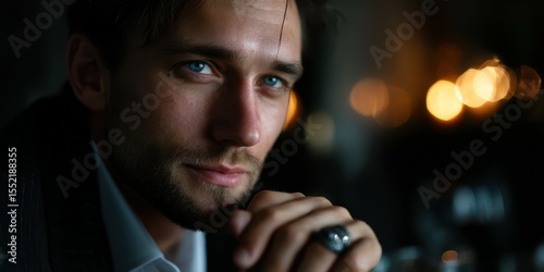 Close-up portrait of a man with blue eyes in dim lighting showcasing his thoughtful expression and stylish attire