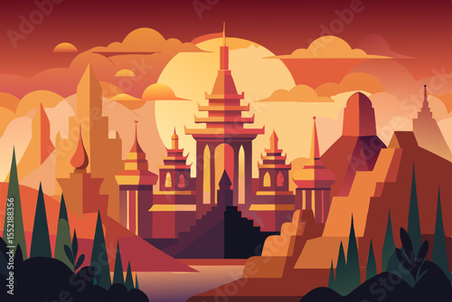 Orange vector landscape illustration of desert and city silhouettes at sunset