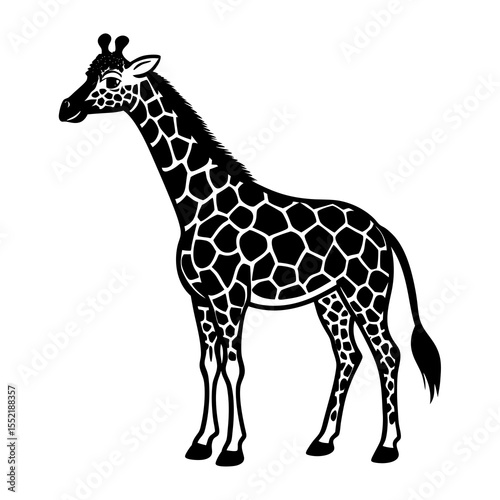 Stylized black and white illustration of a giraffe standing profile view with distinctive patterned coat and ossicones on a white background