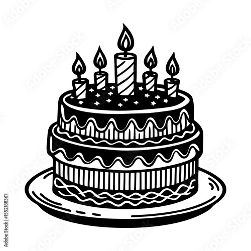 Black and white illustration of a two tiered birthday cake with five lit candles and decorative frosting