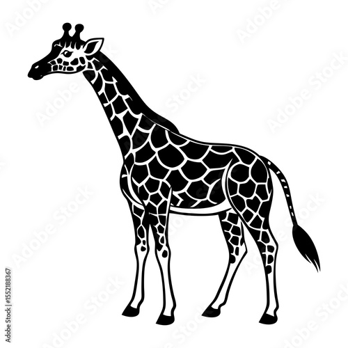 Stylized black and white illustration of a giraffe standing profile view against a white background