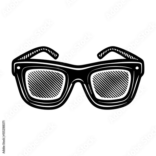 Stylized black and white illustration of thick framed eyeglasses with striped lenses on a white background