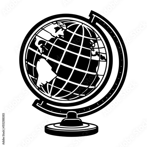 A stylized black and white illustration of a globe with a meridian ring and a stand representing global concepts and education