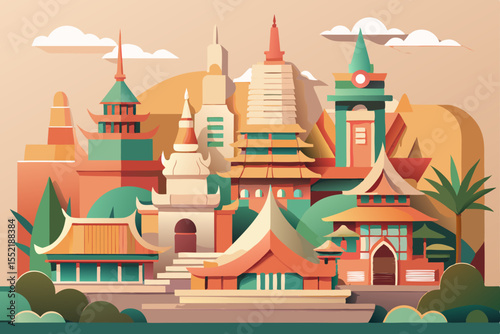 Vector illustration of an ancient Thai temple palace with a golden roof, a landmark of Bangkok's Buddhist culture against the sky