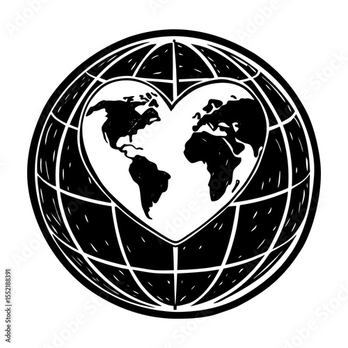 Stylized black and white illustration of a globe with a heart shape framing the continents of the americas and africa europe
