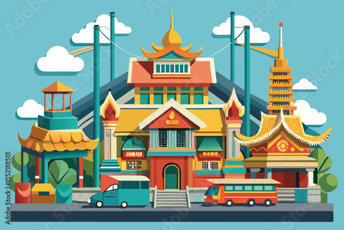 Golden pagodas rise under the Thai sky, reflecting an ancient culture while a vibrant carousel spins nearby