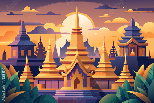 Golden Thai Buddhist temple pagoda at sunset in Bangkok, Asia