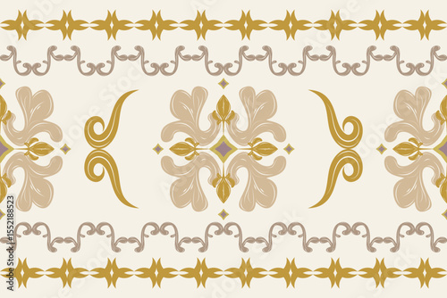 Brightly Shine Royal Gold Fleur de lis Baroque Florals Seamless Border Pattern with Elegance Rich Color. Artistic Haute Couture Hand Drawn Silk Elite Jacquard for Wealth Design Embroidery Lace Curtain
