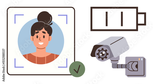 Womans face framed for facial recognition with a green checkmark, surveillance camera, and low battery icon. Ideal for security, technology, privacy, verification, biometrics, efficiency digital