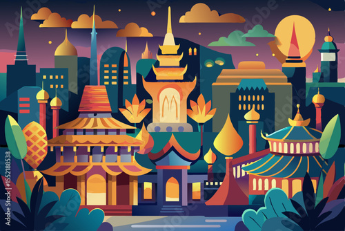 Night city landscape vector illustration of a fantasy castle building with a moonlit sky, a perfect travel landmark design symbol