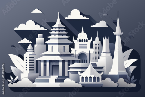 Vector illustration of a Helsinki winter palace, a famous European landmark with a white dome, church, and city architecture