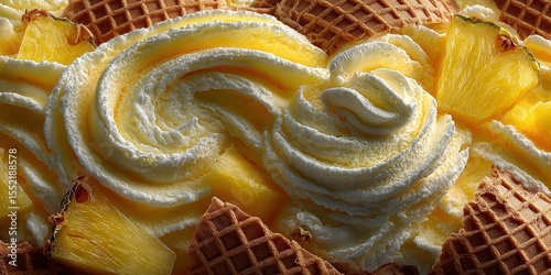 Delicious dessert featuring creamy whipped topping and fresh pineapple in waffle cone