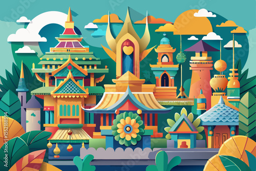 A fairy tale castle vector illustration fuses ancient Asian temple architecture with traditional Buddhist design, featuring golden roofs and intricate cultural decorations