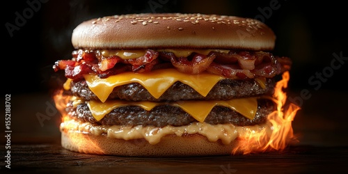 Delicious double cheeseburger topped with crispy bacon and melted cheese in a fiery setting at sunset