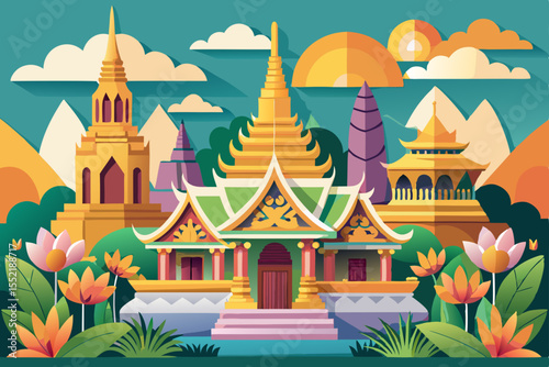 Wat Phra Kaeo, a Thai Buddhist temple in Bangkok, Thailand, showcases ancient golden pagoda architecture and traditional religious art under the sky, a landmark for travel and culture