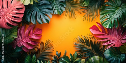 Tropical leaves frame vibrant orange background creating a lively atmosphere for creative designs and events