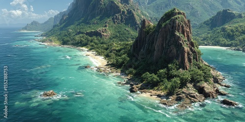 Stunning coastal landscape with lush greenery and rocky formations under a clear sky in a tropical paradise