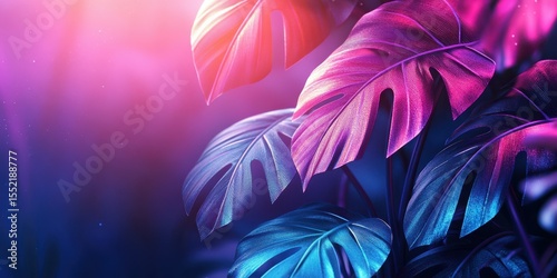 A vibrant display of tropical leaves illuminated by ambient light in deep hues of purple and blue