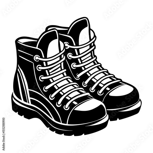 Black and white hiking boots vector illustration for outdoor adventure footwear and hiking gear design