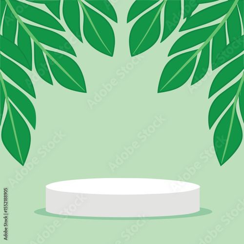 Minimalist product display stage with lush green leaves framing the scene on a soft green background