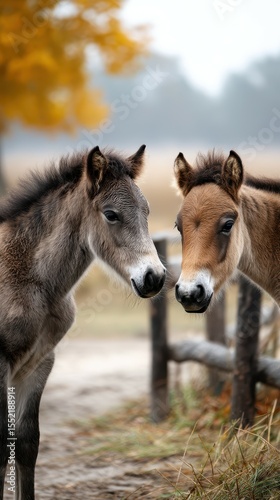 Two young horses curiously interacting near a rustic fence in an autumn landscape