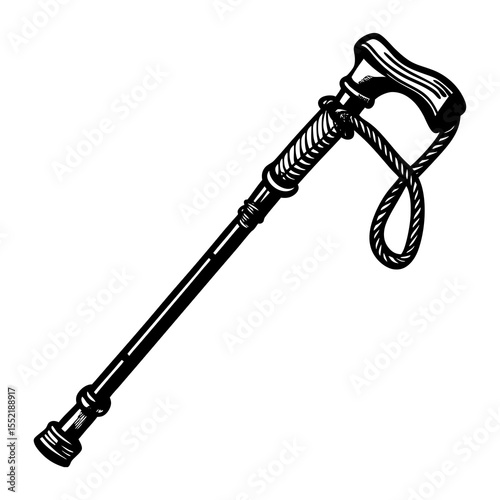 Illustration of a vintage walking cane with handle and rope for mobility support and assistance