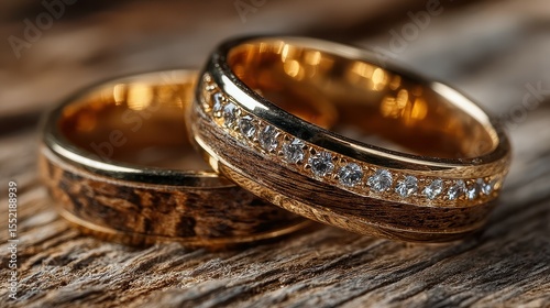 Elegant wedding rings with diamond accents resting on a rustic wooden surface showcasing artistry and craftsmanship