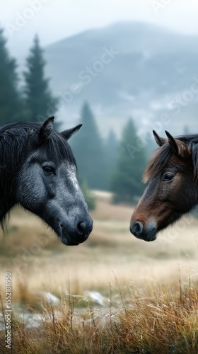 Close encounter between two horses in a misty meadow at dawn highlighting nature's beauty and serenity