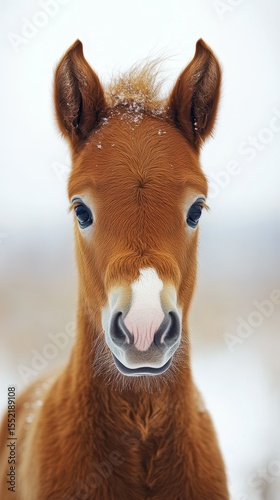 Cute brown foal standing in a snowy pasture during a quiet winter day in the countryside