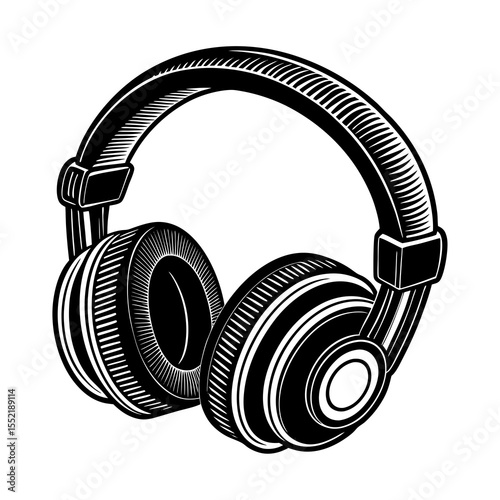 Illustration of black and white over ear headphones for music listening and audio enjoyment device