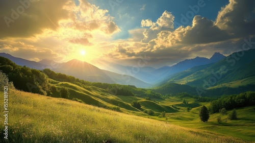 A breathtaking summer sunrise casts golden light over rolling green hills, lush valleys