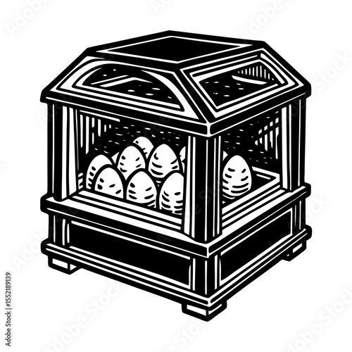 Black and white illustration of vintage egg incubator, antique poultry farming equipment design art