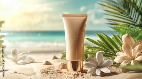 A beige cosmetic cream tube stands upright in soft beach sand, surrounded by tropical leaves