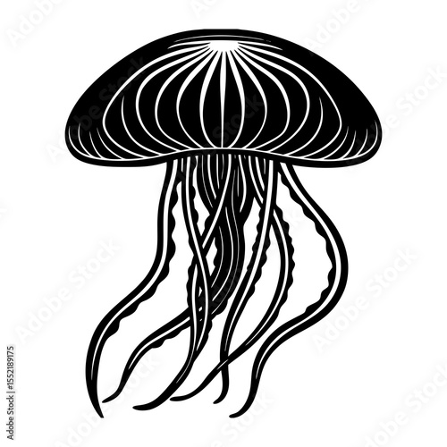 Isolated black jellyfish vector illustration, ocean sea animal graphic design silhouette, marine life art