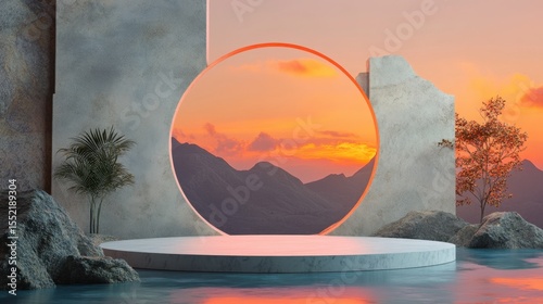 A surreal circular podium floats over tranquil water with a glowing sunset and mountains