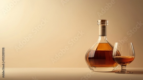 A luxurious decanter and a glass of amber liquor, beige background