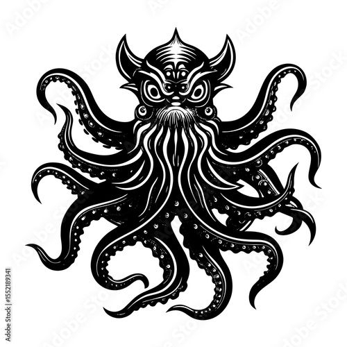 Detailed black kraken octopus vector illustration for tattoo design and mythical sea monster art projects