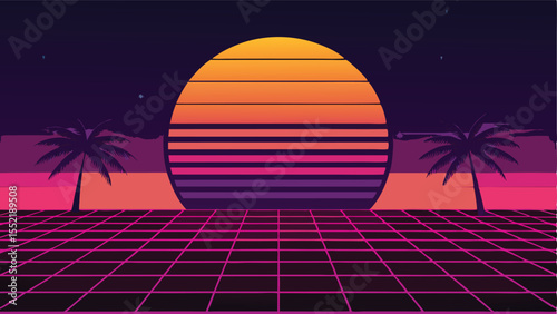 Retro synthwave sunset scene with palm trees and neon grid transparency available