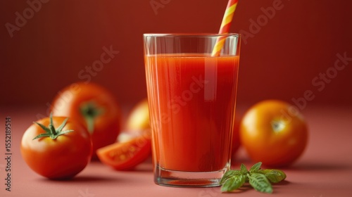 A glass of fresh tomato juice with a striped straw is surrounded by ripe tomatoes and basil leaves