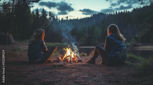 Two women sit beside a glowing campfire in a forest clearing at dusk