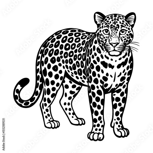 Leopard illustration, black and white drawing of a wild cat, feline predator with spotted fur design