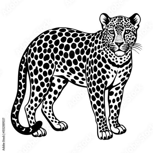 Black and white leopard vector illustration, wildlife animal drawing, big cat outline, jaguar art image