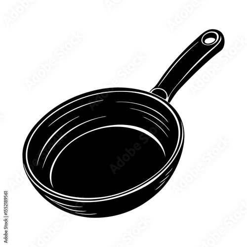 Frying pan illustration with handle in black and white, Black and white drawing of a classic frying pan featuring a long handle, symbolizing cooking, kitchenware, and culinary tools.

