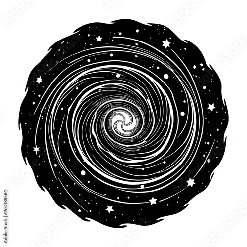 Spiral galaxy illustration with stars and cosmic design, Black and white artwork of a swirling spiral galaxy surrounded by stars, symbolizing space, astronomy, and the universe’s vastness.
