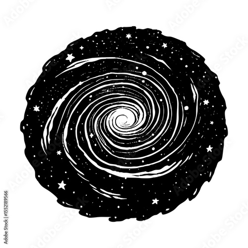 Spiral galaxy illustration with stars and cosmic design, Black and white artwork of a swirling spiral galaxy surrounded by stars, symbolizing space, astronomy, and the universe’s vastness.
