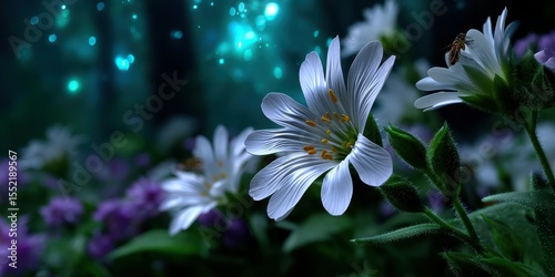 Beautiful white flowers bloom in a mystical forest during twilight with soft glowing lights