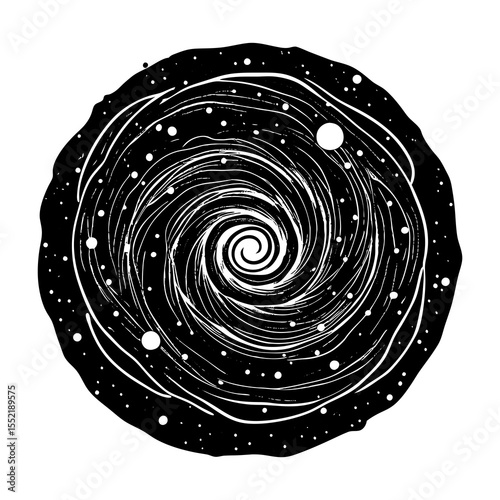 Spiral galaxy illustration with stars and cosmic design, Black and white artwork of a swirling spiral galaxy surrounded by stars, symbolizing space, astronomy, and the universe’s vastness.
