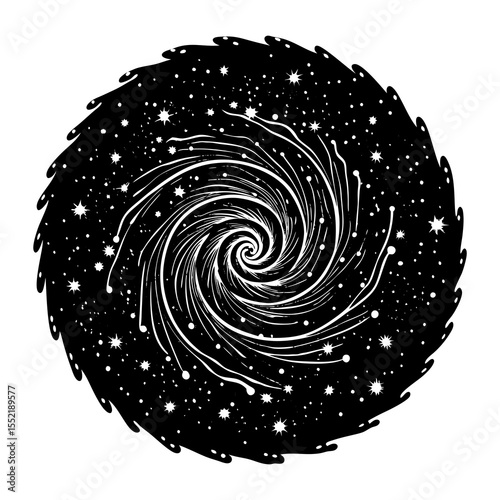 Spiral galaxy illustration with stars and cosmic design, Black and white artwork of a swirling spiral galaxy surrounded by stars, symbolizing space, astronomy, and the universe’s vastness.
