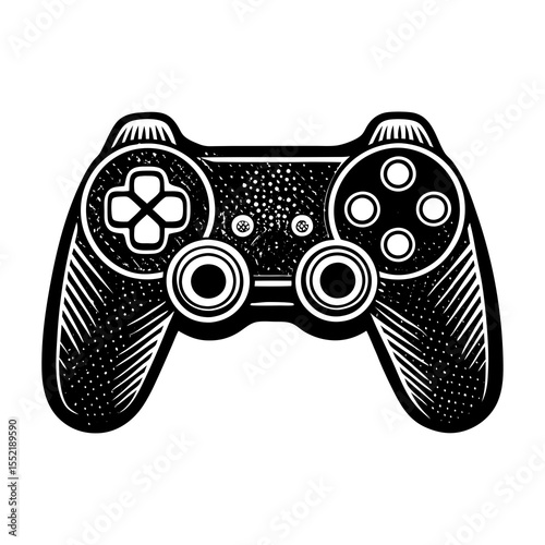 Retro video game controller with a distinctive black and white linocut style illustration