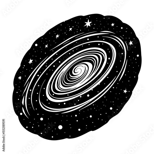 Spiral galaxy illustration with stars and cosmic design, Black and white artwork of a swirling spiral galaxy surrounded by stars, symbolizing space, astronomy, and the universe’s vastness.
